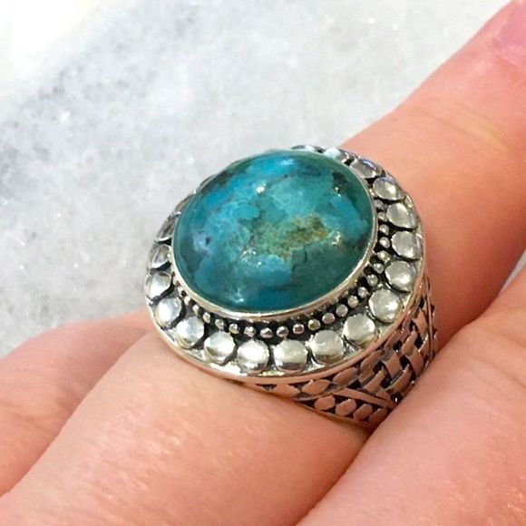 Turquoise Cabochon and Sterling Silver Basket Weave Ring Sz 7 or Sz 8 - Picture 4 of 12